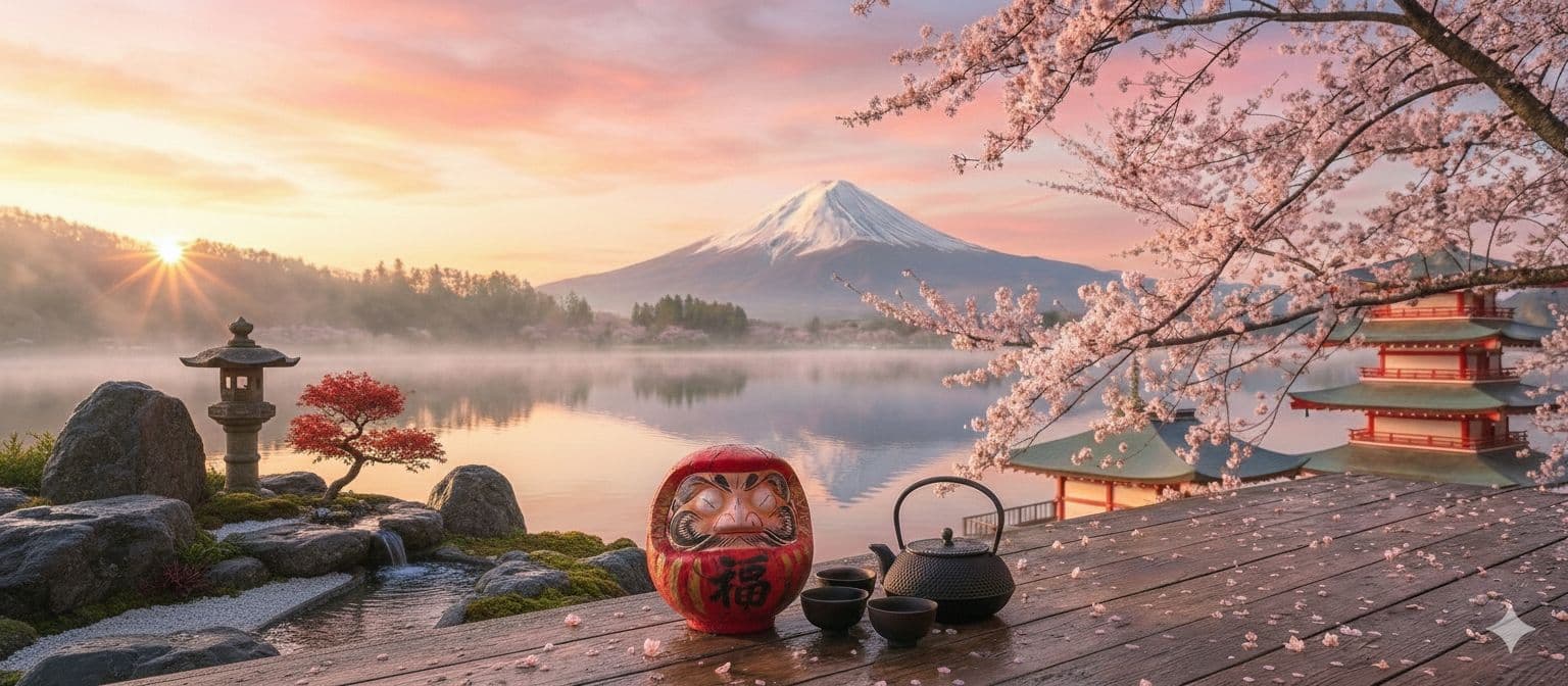 Японский пейзаж с горой Фудзи